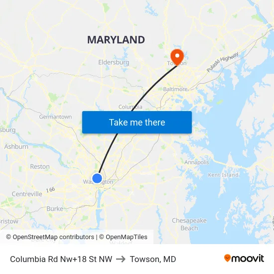 Columbia Rd Nw+18 St NW to Towson, MD map