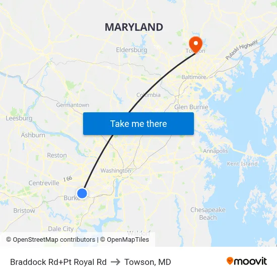 Braddock Rd+Pt Royal Rd to Towson, MD map