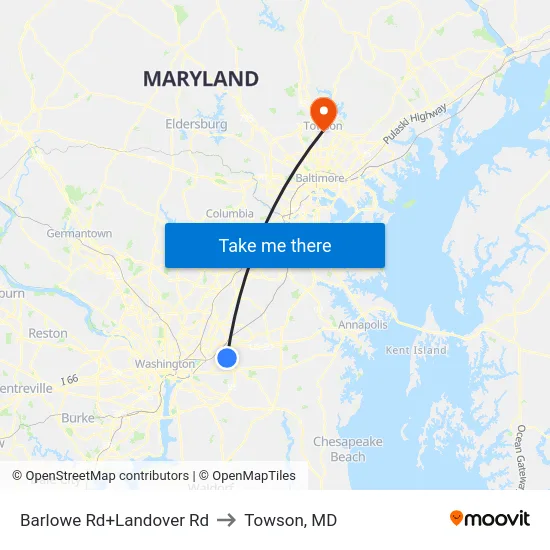 Barlowe Rd+Landover Rd to Towson, MD map