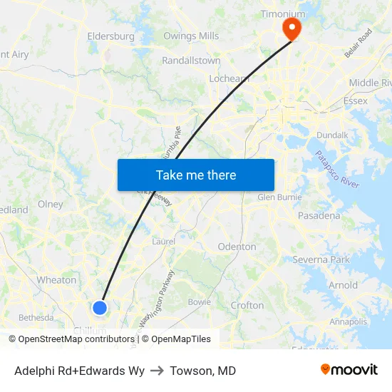 Adelphi Rd+Edwards Wy to Towson, MD map