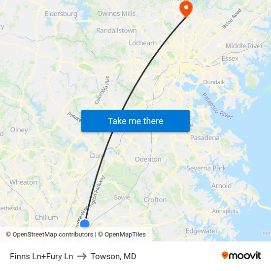 Finns Ln+Fury Ln to Towson, MD map