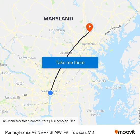 Pennsylvania Av Nw+7 St NW to Towson, MD map