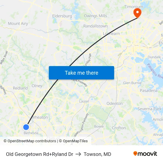 Old Georgetown Rd+Ryland Dr to Towson, MD map