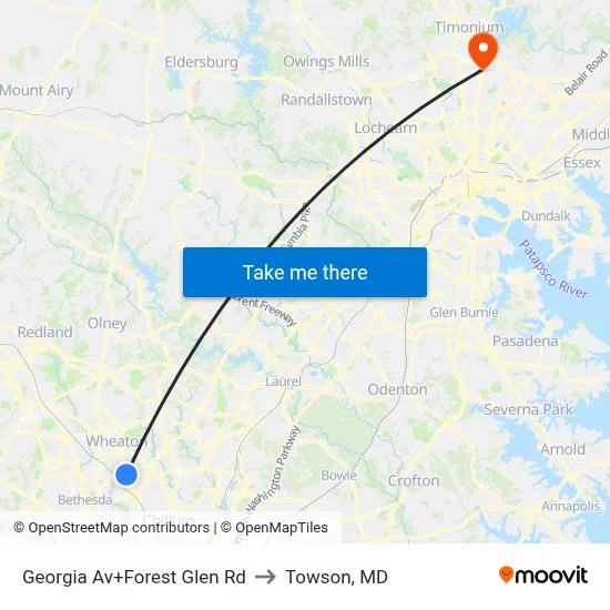 Georgia Av+Forest Glen Rd to Towson, MD map