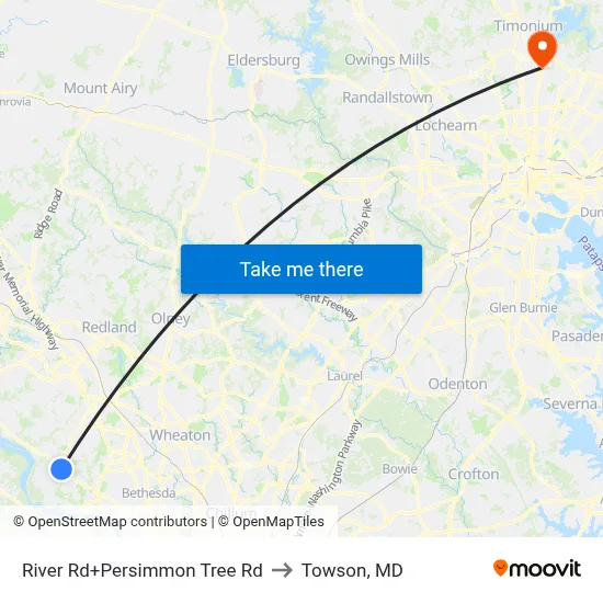 River Rd+Persimmon Tree Rd to Towson, MD map