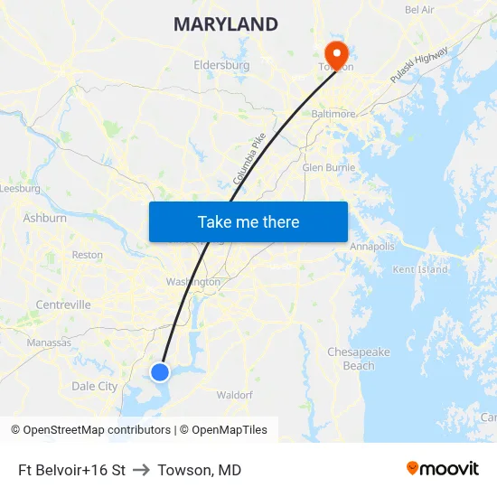 Ft Belvoir+16 St to Towson, MD map