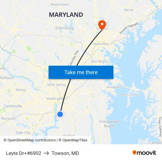 Leyte Dr+#6902 to Towson, MD map