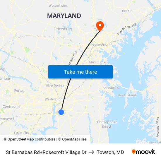 St Barnabas Rd+Rosecroft Village Dr to Towson, MD map