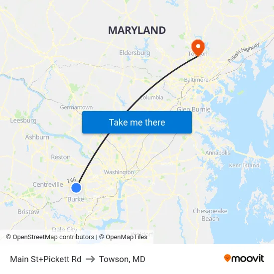 Main St+Pickett Rd to Towson, MD map
