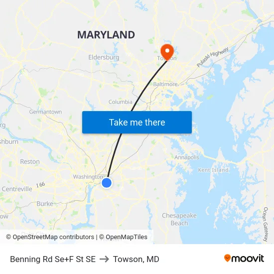 Benning Rd Se+F St SE to Towson, MD map