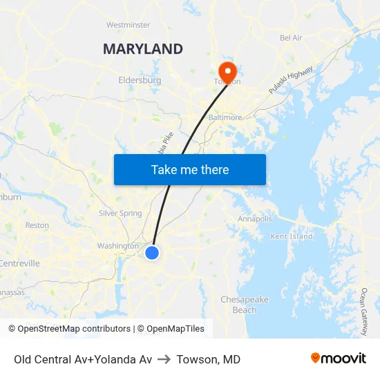 Old Central Av+Yolanda Av to Towson, MD map