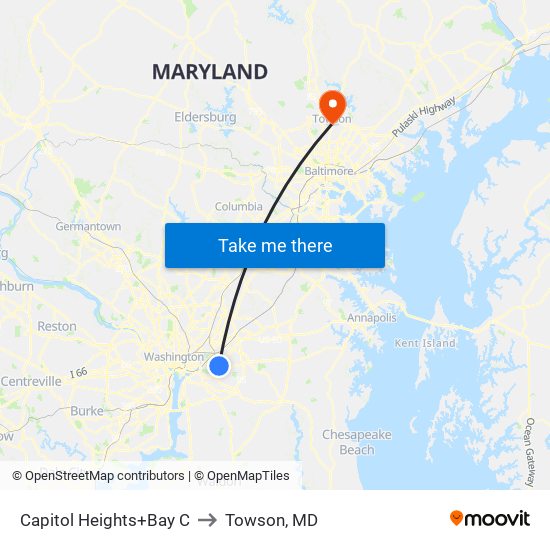 Capitol Heights+Bay C to Towson, MD map