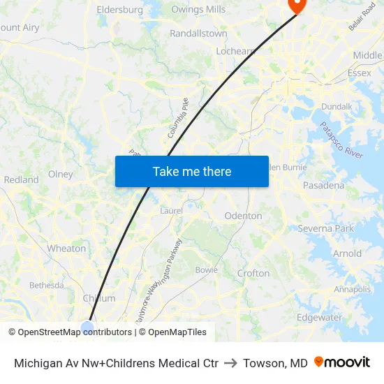 Michigan Av Nw+Childrens Medical Ctr to Towson, MD map