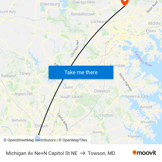 Michigan Av Ne+N Capitol St NE to Towson, MD map