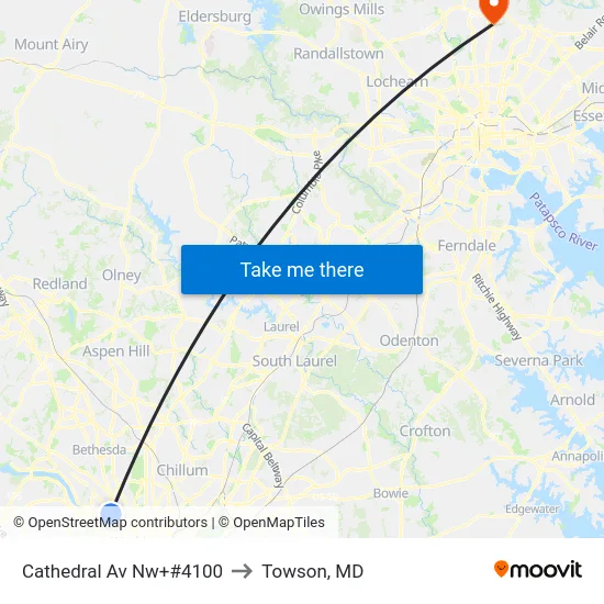 Cathedral Av Nw+#4100 to Towson, MD map