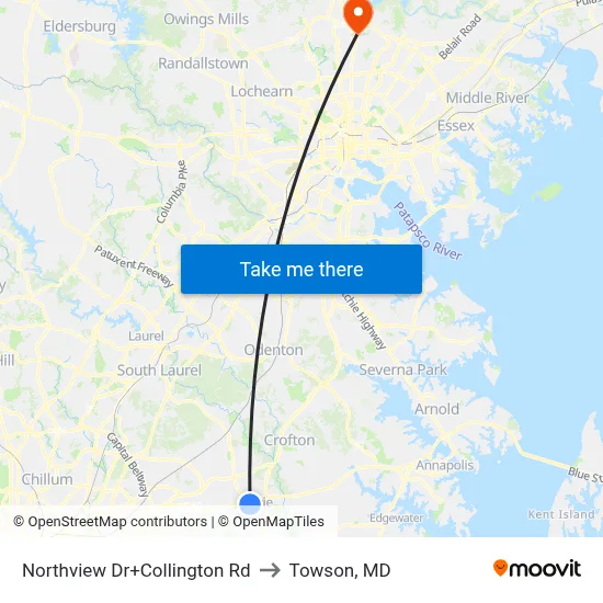 Northview Dr+Collington Rd to Towson, MD map