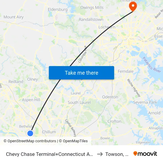 Chevy Chase Terminal+Connecticut Av NW to Towson, MD map
