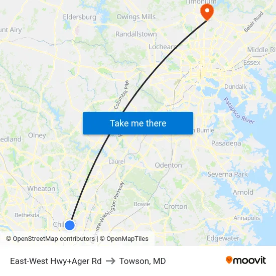 East-West Hwy+Ager Rd to Towson, MD map