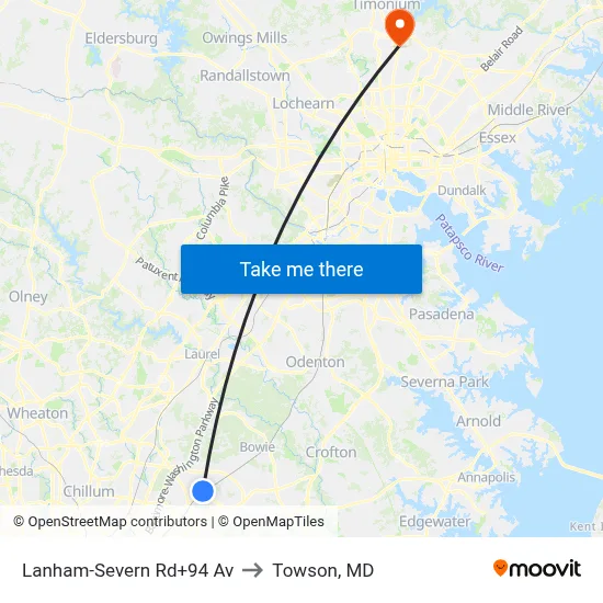 Lanham-Severn Rd+94 Av to Towson, MD map