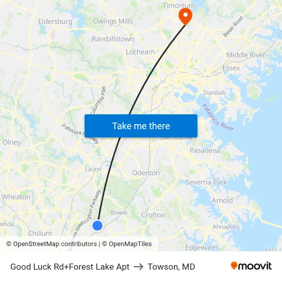 Good Luck Rd+Forest Lake Apt to Towson, MD map