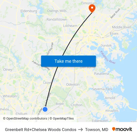Greenbelt Rd+Chelsea Woods Condos to Towson, MD map