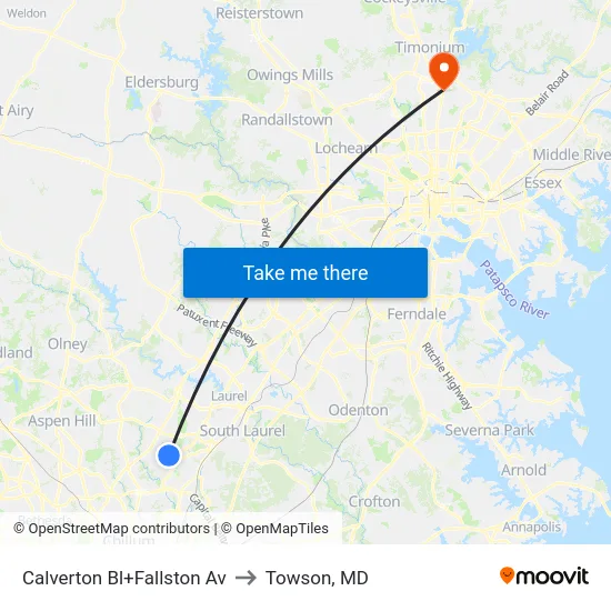 Calverton Bl+Fallston Av to Towson, MD map