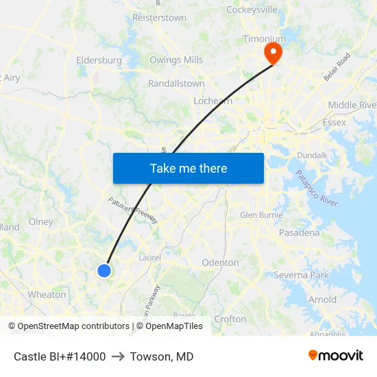 Castle Bl+#14000 to Towson, MD map