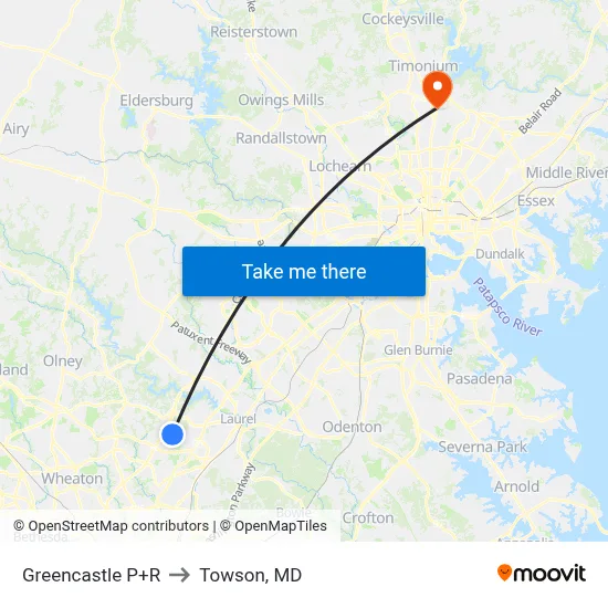 Greencastle P+R to Towson, MD map