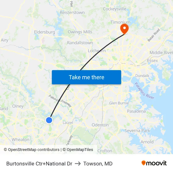 Burtonsville Ctr+National Dr to Towson, MD map