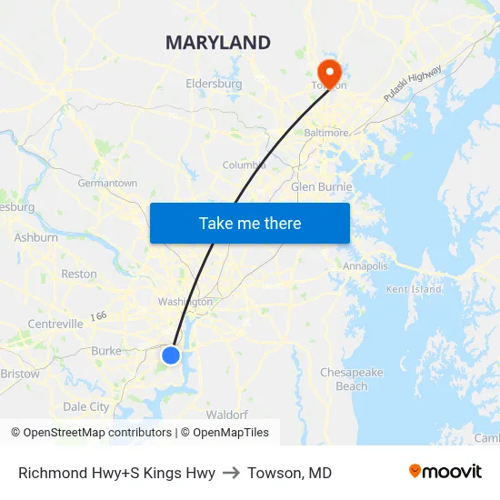 Richmond Hwy+S Kings Hwy to Towson, MD map
