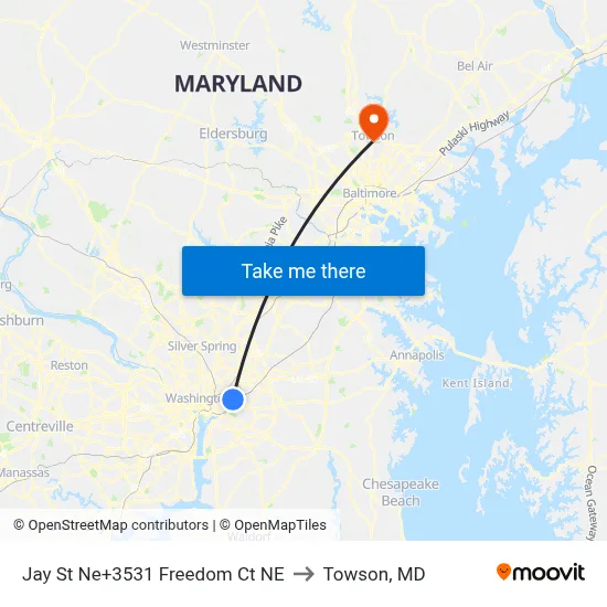 Jay St Ne+3531 Freedom Ct NE to Towson, MD map