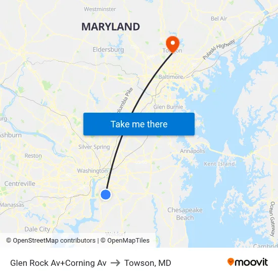 Glen Rock Av+Corning Av to Towson, MD map