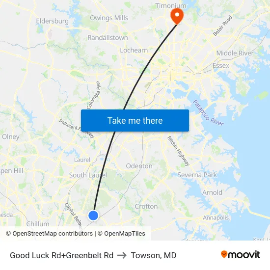 Good Luck Rd+Greenbelt Rd to Towson, MD map