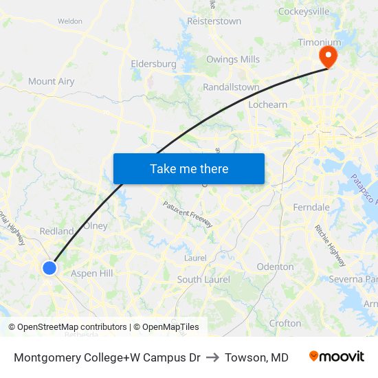 Montgomery College+W Campus Dr to Towson, MD map