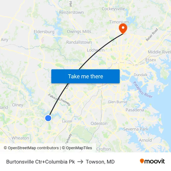 Burtonsville Ctr+Columbia Pk to Towson, MD map