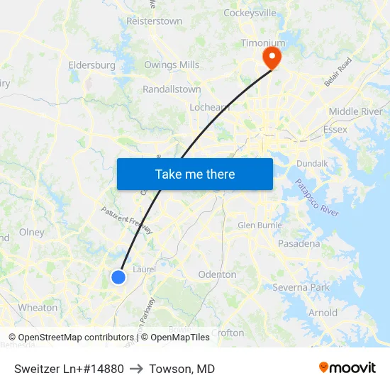 Sweitzer Ln+#14880 to Towson, MD map