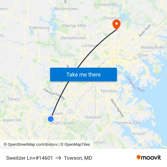 Sweitzer Ln+#14601 to Towson, MD map