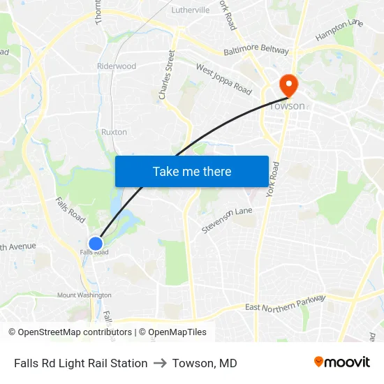 Falls Rd Light Rail Station to Towson, MD map
