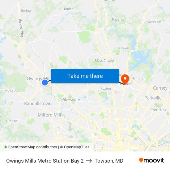 Owings Mills Metro Station Bay 2 to Towson, MD map