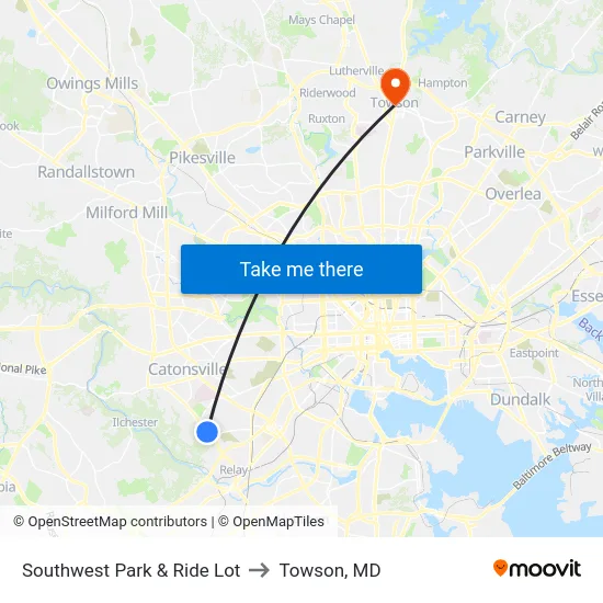 Southwest Park & Ride Lot to Towson, MD map