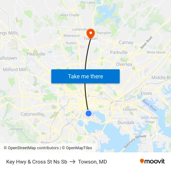 Key Hwy & Cross St Ns Sb to Towson, MD map