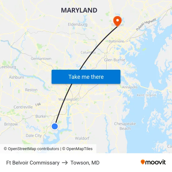 Ft Belvoir Commissary to Towson, MD map