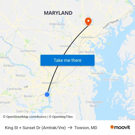 King St + Sunset Dr (Amtrak/Vre) to Towson, MD map