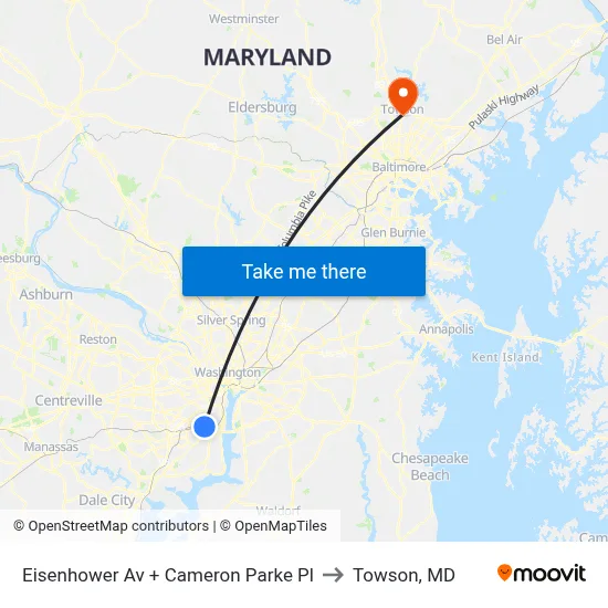 Eisenhower Av + Cameron Parke Pl to Towson, MD map
