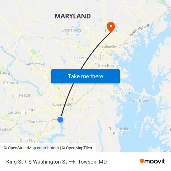 King St + S Washington St to Towson, MD map