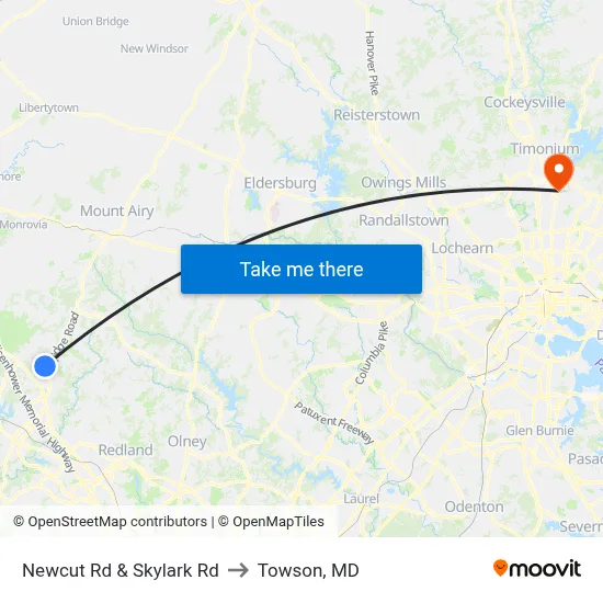 Newcut Rd & Skylark Rd to Towson, MD map