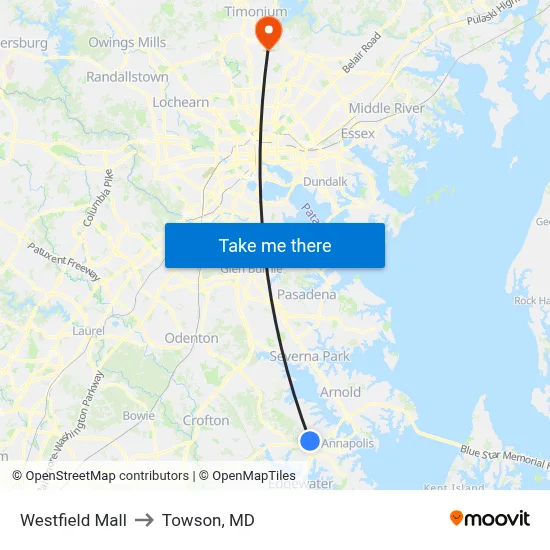 Westfield Mall to Towson, MD map