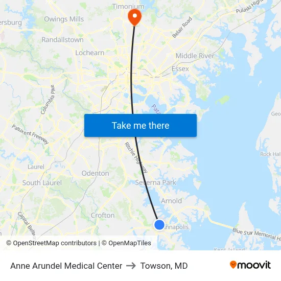 Anne Arundel Medical Center to Towson, MD map