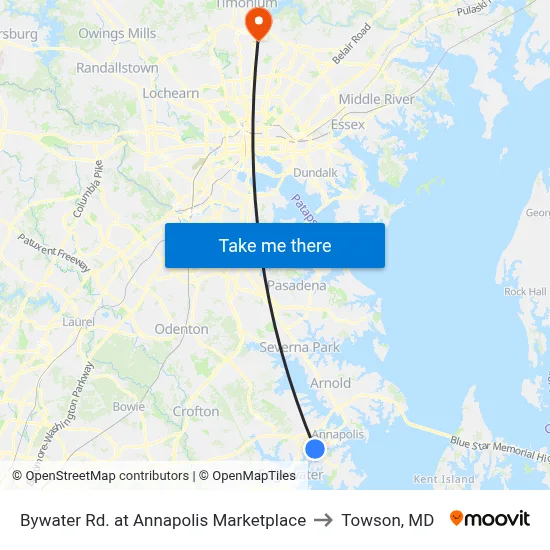 Bywater Rd. at Annapolis Marketplace to Towson, MD map