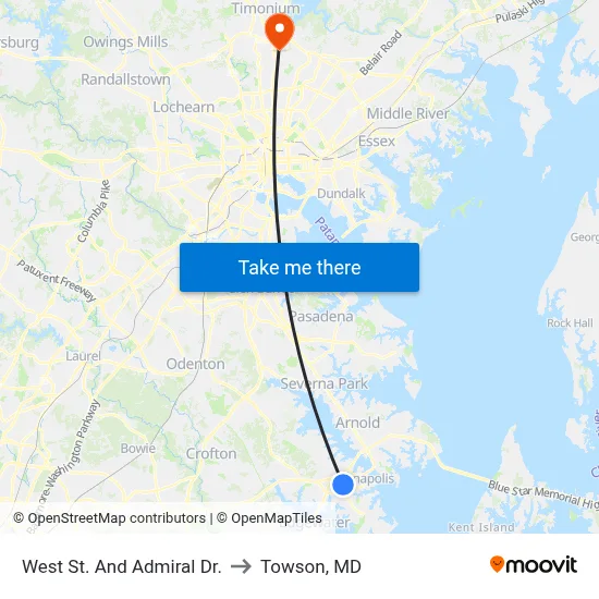 West St. And Admiral Dr. to Towson, MD map